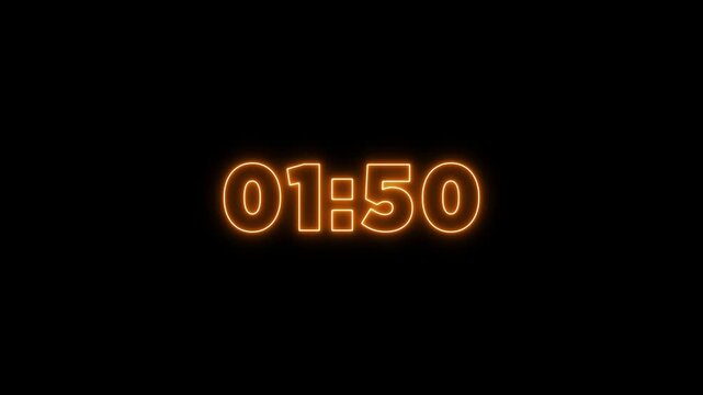Abstract neon timer for 2 minutes countdown with reflection count animation on a black screen. Neon orange digital number clock with reflection.