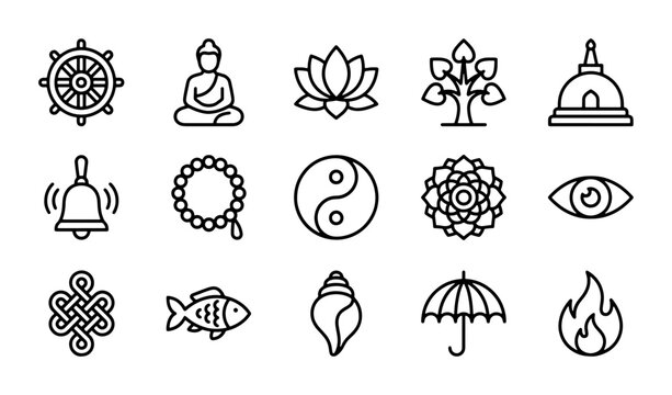 Buddhist Icons Set, Dharma Wheel, Buddha, Lotus, Sacred Symbols Collection, Vector Graphics