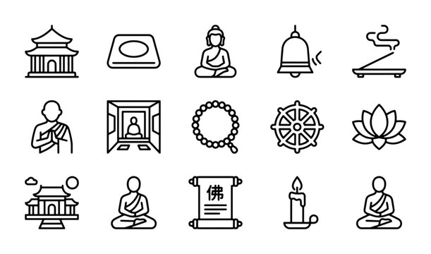 Buddhist Icons Vector Set: Temple, Buddha, Lotus, Bell, Meditation, Prayer Beads, Dharma Wheel