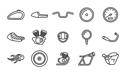 Motorcycle Parts Icons Set, Custom Bike Components, Vintage Vehicle Elements, Retro Transport Graphics © Niaz