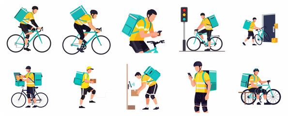 Fototapeta premium Vector set of bicycle delivery couriers with backpacks and packages in various poses for food and parcel delivery services
