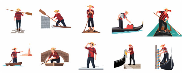 Collection of Venetian gondolier flat illustrations in various action poses for travel and tourism design © Mariposa1818