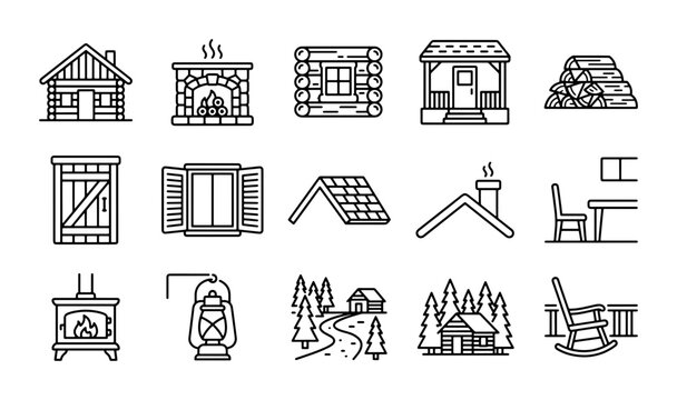 Rustic Cabin Icons, Cozy Fireplace & Woodpile Vector Set: Outdoor Living, Nature Elements