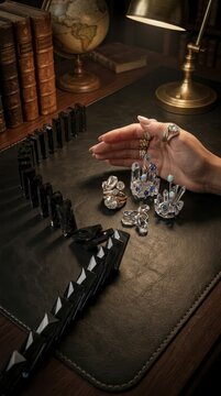 Hand stopping crystal dominoes on elegant desk