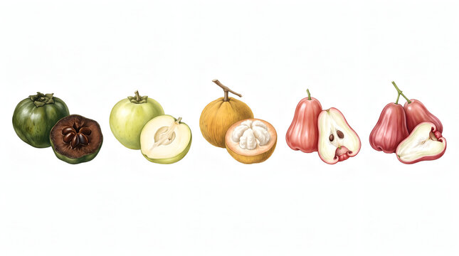 Black Sapote White Sapote Santol Rose Apple Wax Apple Fruit Collection Isolated On White Background