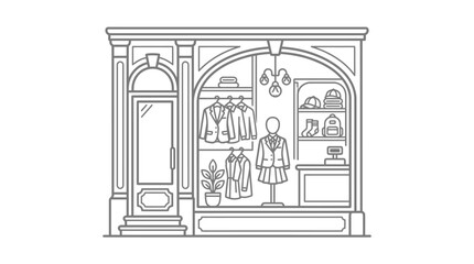 Fototapeta premium Industrial Line Drawing of a Classic Clothing Store Interior with Mannequins Shelves and Decorative Elements