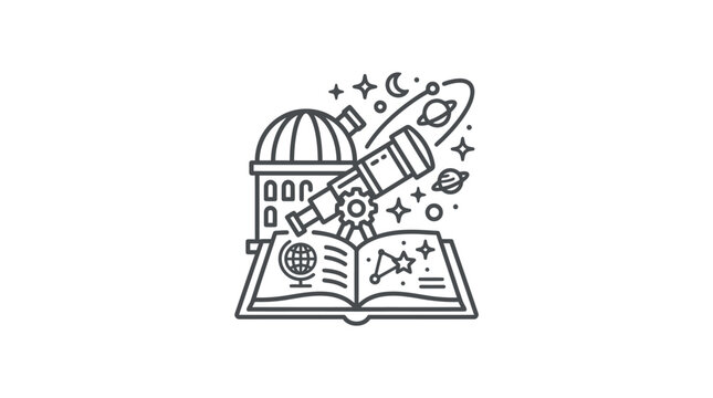 Elegant Monochrome of an Open Book Featuring Telescope Observatory and Space Elements with high quality professional line art symbols for modern creative design and digital branding projects