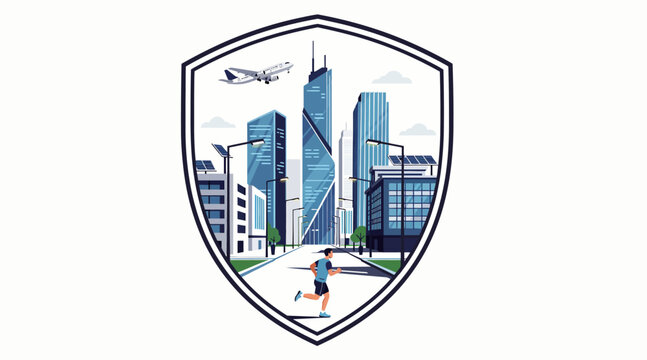 city skyline shield with runner and airplane