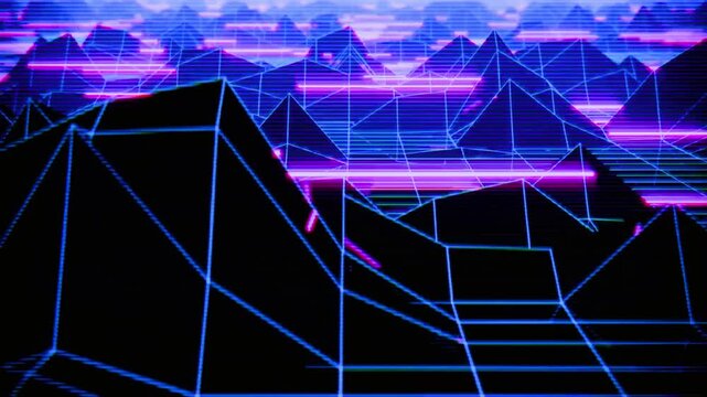 Synthwave Neon Grid Mountains - Retro Futuristic Digital Landscape With Glowing Purple And Blue Wireframe