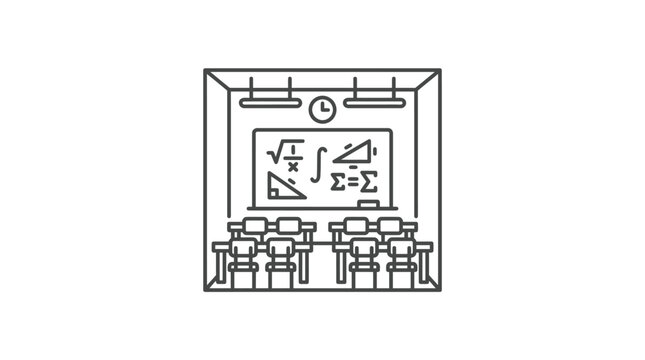 Modern Minimalist Line Drawing of a Classroom with Blackboard Chairs and Mathematical Symbols with high quality professional line art symbols for modern creative design and digital branding projects