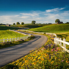 Obraz premium Winding country road through lush green hills with wildflowers at summer