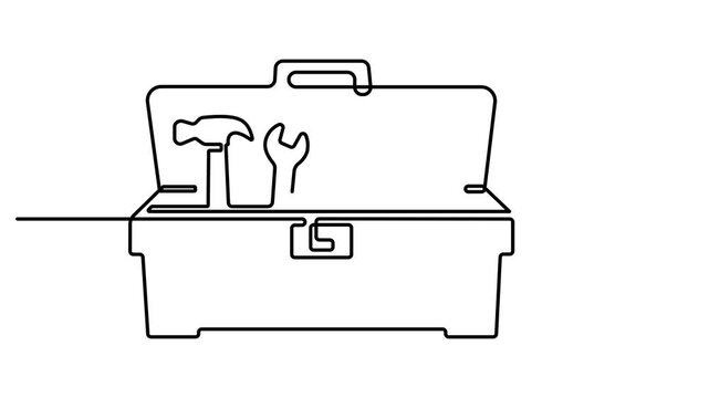 Animated self drawing of Continuous single line drawing of a toolbox with various construction tools like a hammer wrench and saw for home repair and maintenance work. one line animation. 4k video 