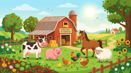 Fototapeta premium A cheerful cartoon illustration of a bustling farm with various domestic animals, a red barn, silo, green fields, and a sunny sky.