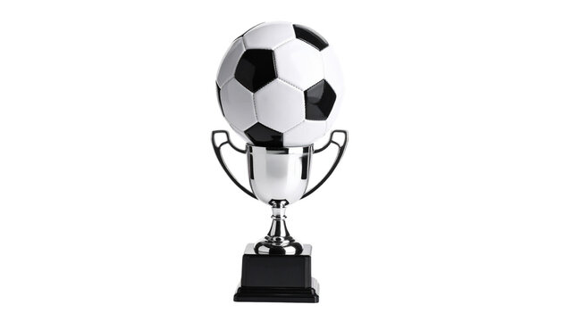 a modern trophy with a soccer ball on top, isolated on top, isolated on transparent background, PNG.