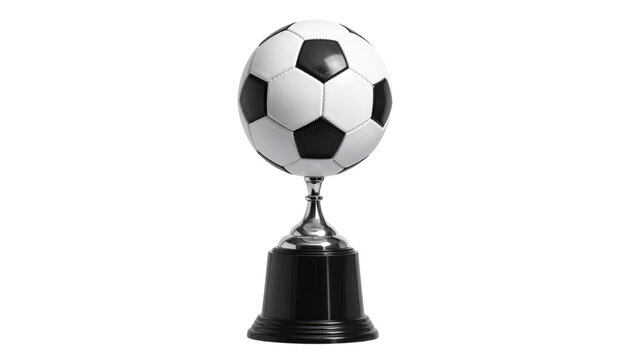a modern trophy with a soccer ball on top, isolated on top, isolated on transparent background