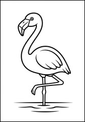 Fototapeta premium A detailed black and white line art illustration of an elegant standing flamingo featuring bold clean outlines for a classic coloring book page design that is simple yet very artistic.