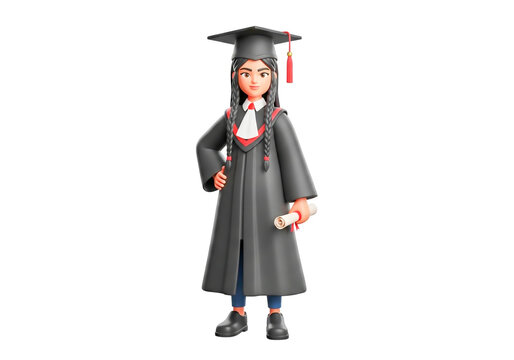 3d student girl character in graduation gown and cap