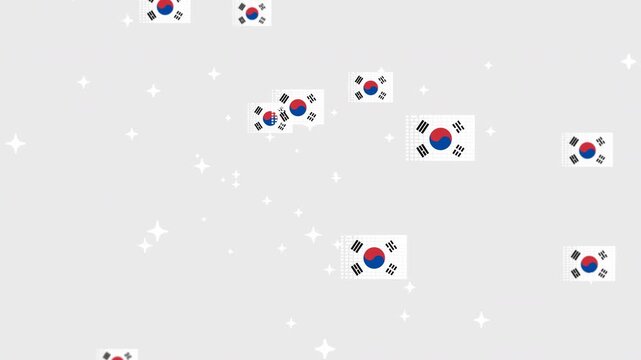 4k 60fps cartoon animation of falling South Korea flags in mosaic pixel style on white background.