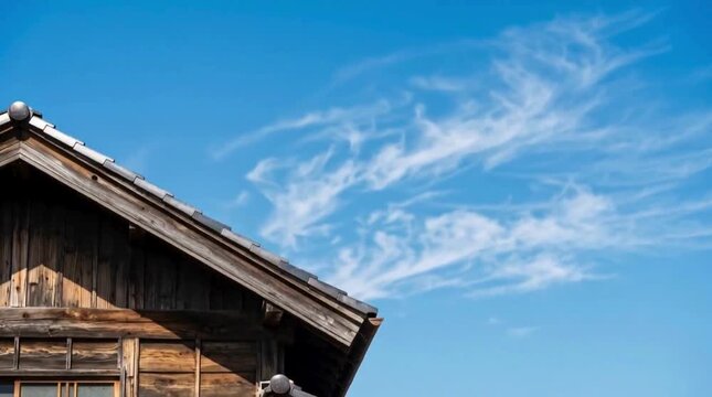 青空とレトロな木造古民家の屋根