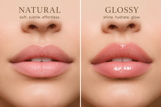 Two close-up images compare a natural and a glossy lip product application on a person's lips.