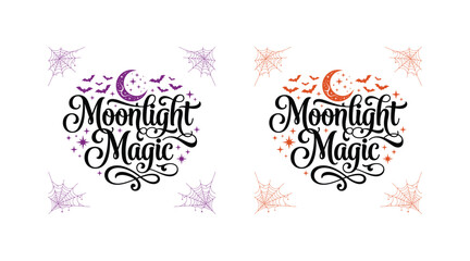 Halloween moonlight magic graphic with bats spiders webs and stars for seasonal decor © Siddikur
