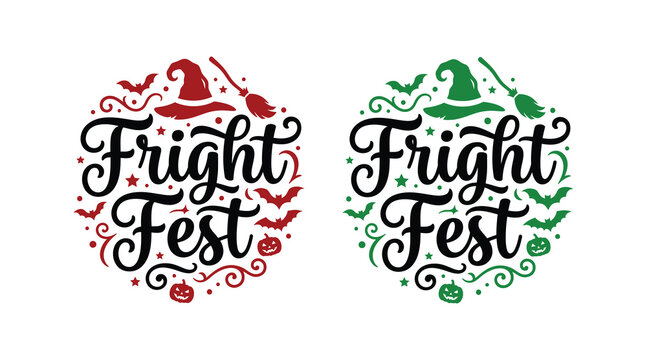 Halloween fright fest event logo with witch hats bats and pumpkins