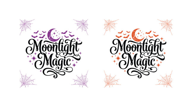 Halloween moonlight magic graphic with bats spiders webs and stars for seasonal decor