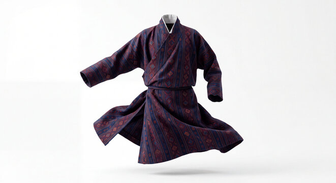 Bhutanese 90s Gho Floating on White Background