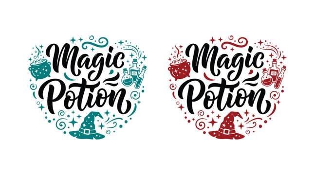 Halloween magic potion graphic design with witch hats and beakers