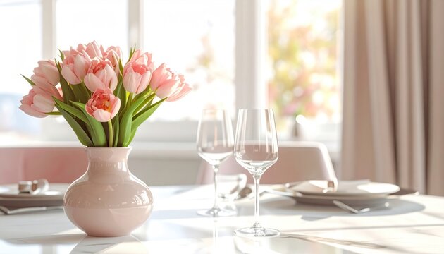 Pink Tulips on a Dinner Table.