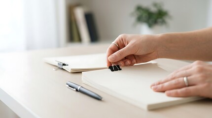 Fototapeta premium Close up of a person hand attaching a black metal binder clip to a stack of white paper sheets on a clean desk with a pen and blurred background