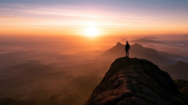 Man on mountain peak watching sunrise