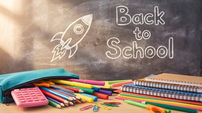 Colorful school supplies on a desk in front of a chalkboard with a back to school message and a rocket drawing