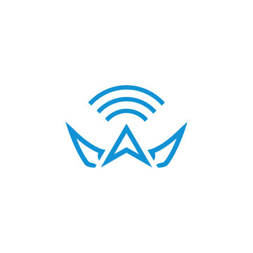 Blue and white stylized emblem featuring a Wi-Fi signal above an angular, wing-like shape