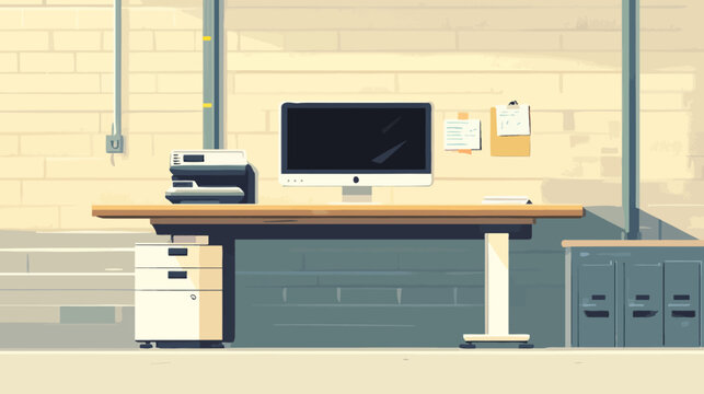 Office desk with computer monitor, printer, drawers, and wall decor