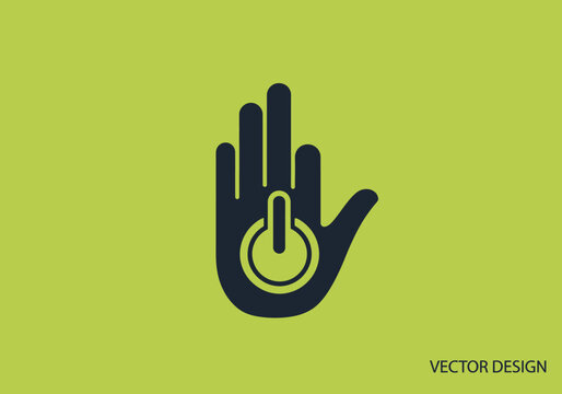 Hand with a power button symbol indicating stop or restart on green background