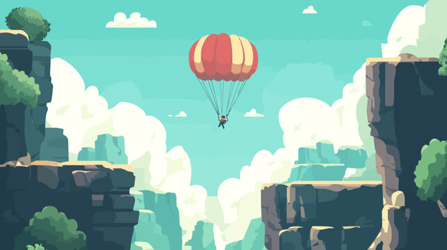 Illustration of a person descending with a parachute between cliffs