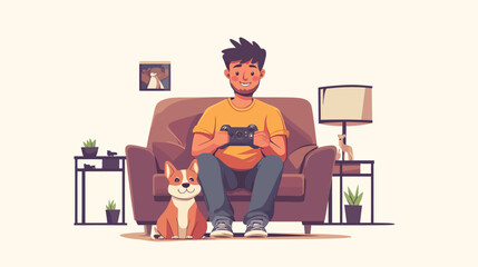 Fototapeta premium Happy man playing video games with dog sitting at his feet