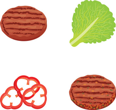 Burger components including two grilled hamburger patties, a lettuce leaf, and sliced red bell pepper