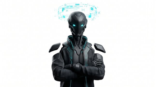 Portrait of a sci-fi cyborg character wearing a black jacket with glowing neon blue circuitry, featuring a digital data halo above its head against a clean white background.