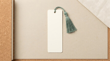 Fototapeta premium Blank paper bookmark with a sage green tassel resting on a beige paper surface beside a cork book