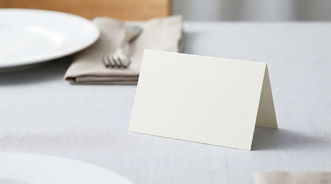Blank white folded place card standing on a dining table with a plate and napkin in the background
