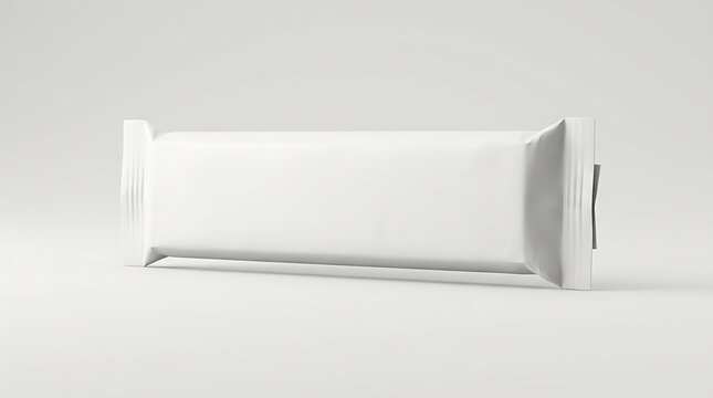 Blank white snack bar wrapper mockup isolated on a plain light gray studio background surface