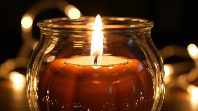 Macro Close-Up of Pumpkin Candle Flame Reflection in Glass Jar at Night