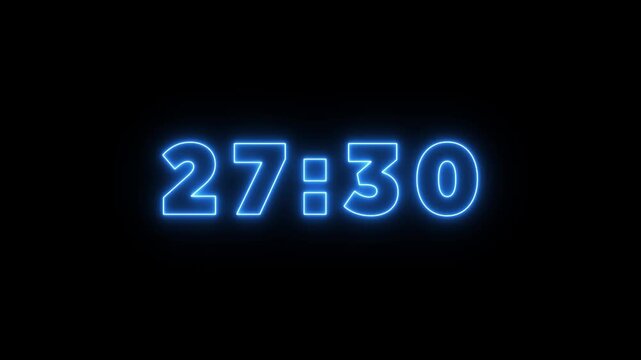 Glowing neon countdown timer from 30 minute to 0 minute number on black background. Countdown timer for deadline reminders, time management concepts, and scheduling.