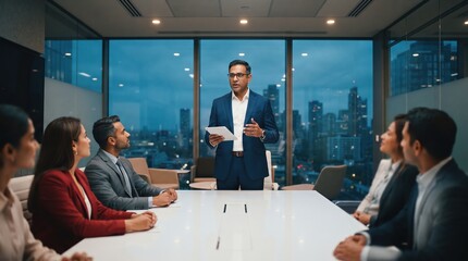 Obraz na płótnie Canvas Indian Businessman Leading Corporate Conference Meeting in Evening Boardroom with City Skyline View for Professional Leadership Presentations