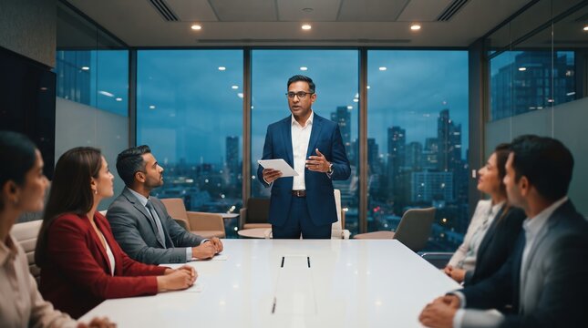 Indian Businessman Leading Corporate Conference Meeting in Evening Boardroom with City Skyline View for Professional Leadership Presentations
