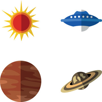 Cartoon style planets, sun, and alien spaceship on white background