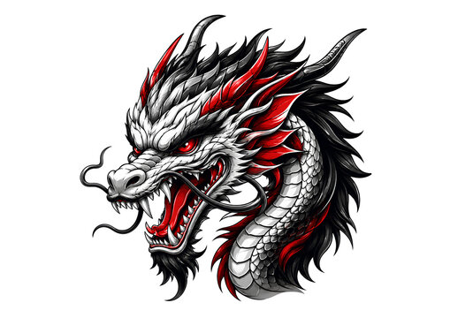 Fierce Asian dragon head with bold red, black, and white details in premium tattoo style, perfect for gaming, branding, apparel, and fantasy artwork.