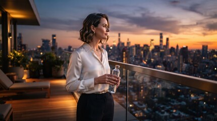 Fototapeta premium Professional woman on rooftop terrace overlooking city skyline at sunset for wellness and urban lifestyle use